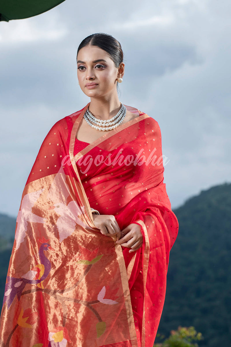 Red Paithani Muslin Silk Handwoven Saree