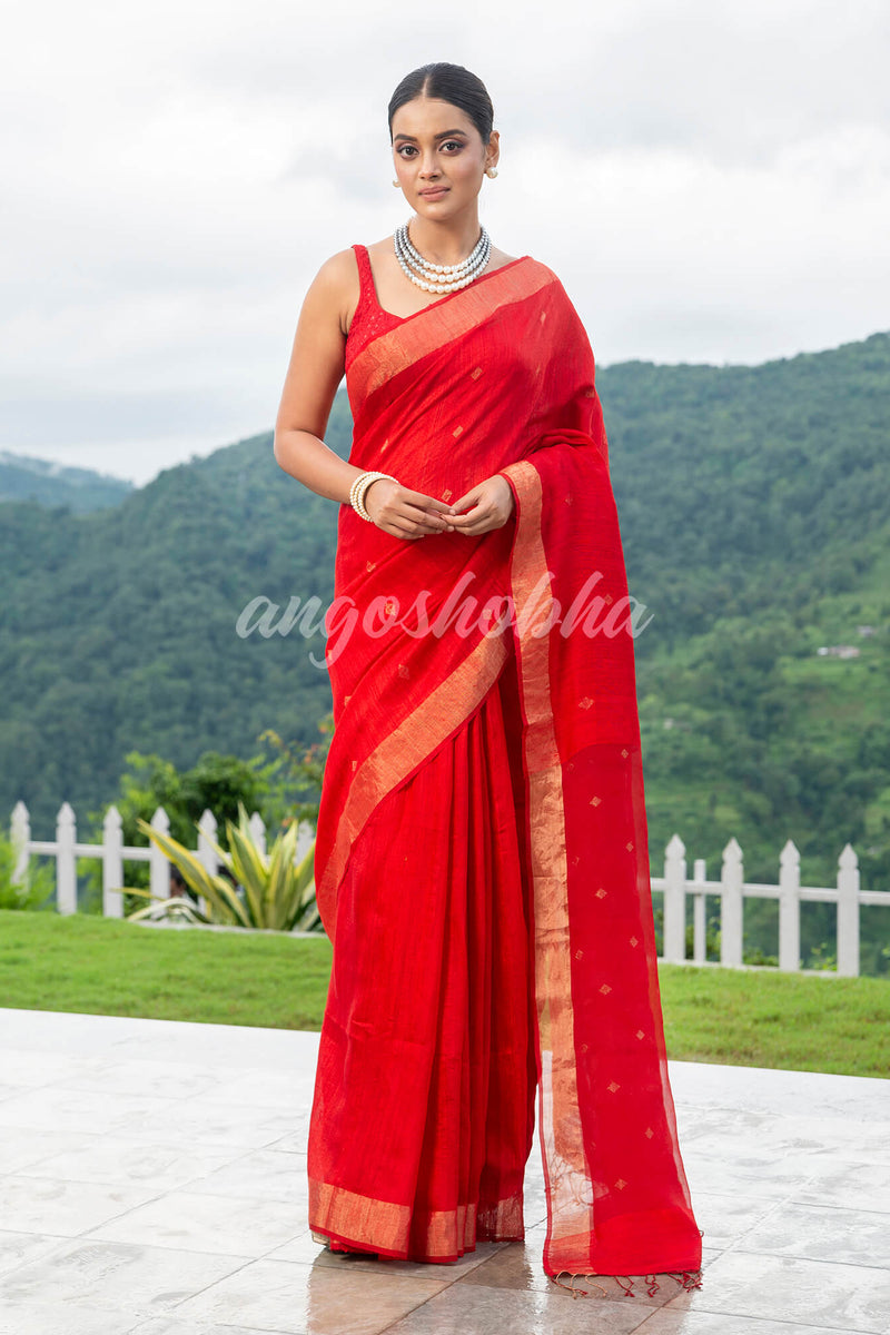 Red Matka Silk Light Golden Border Handwoven Saree