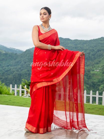Red Matka Silk Light Golden Border Handwoven Saree