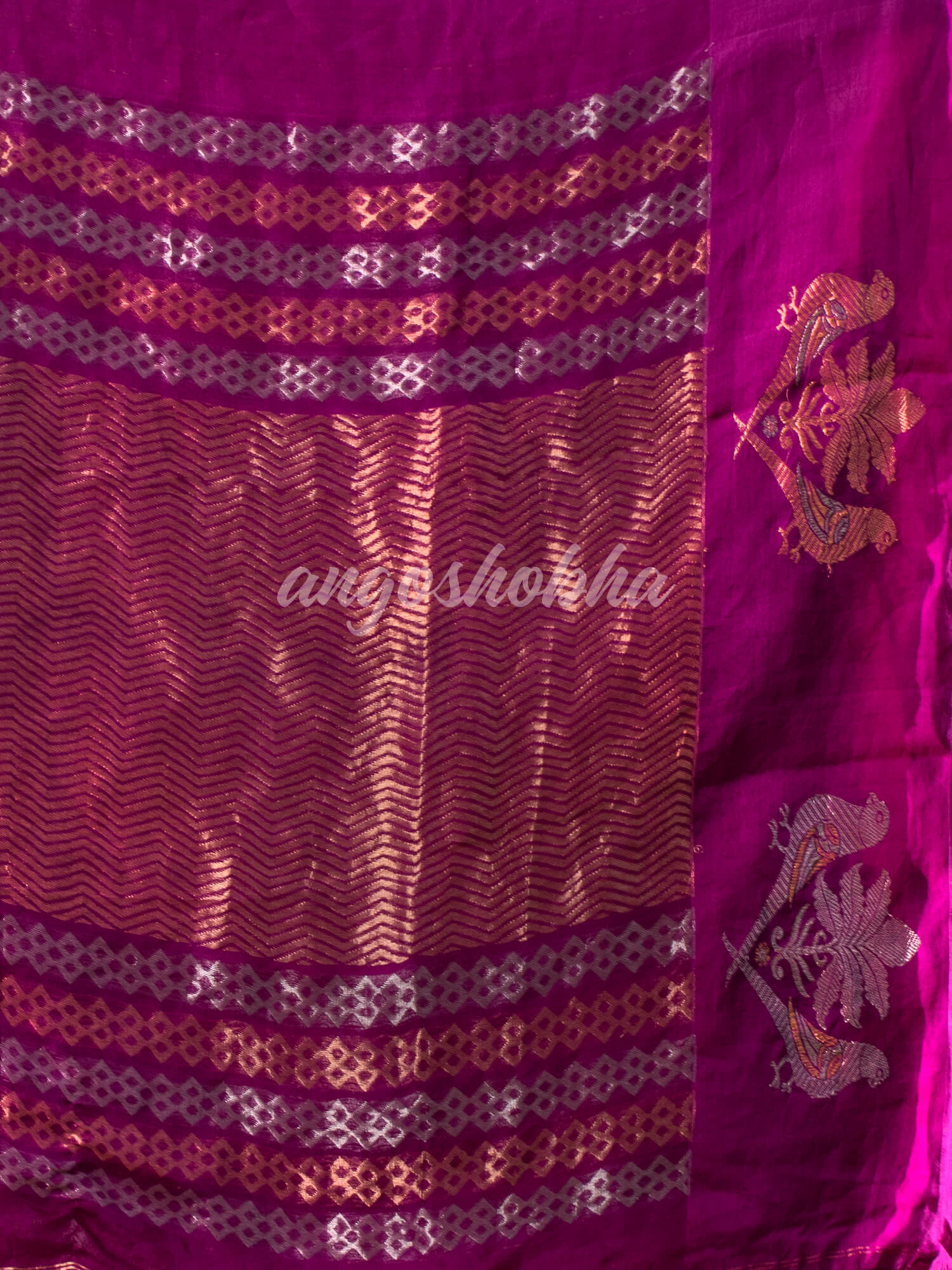 Magenta Pure Muslin Intricate Bird Design Border Handwoven Saree