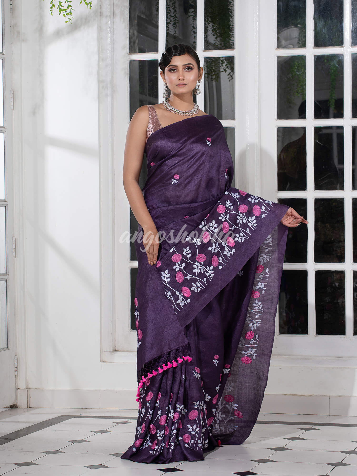 Dark Purple Tussar Silk Embroidery Handwoven Saree