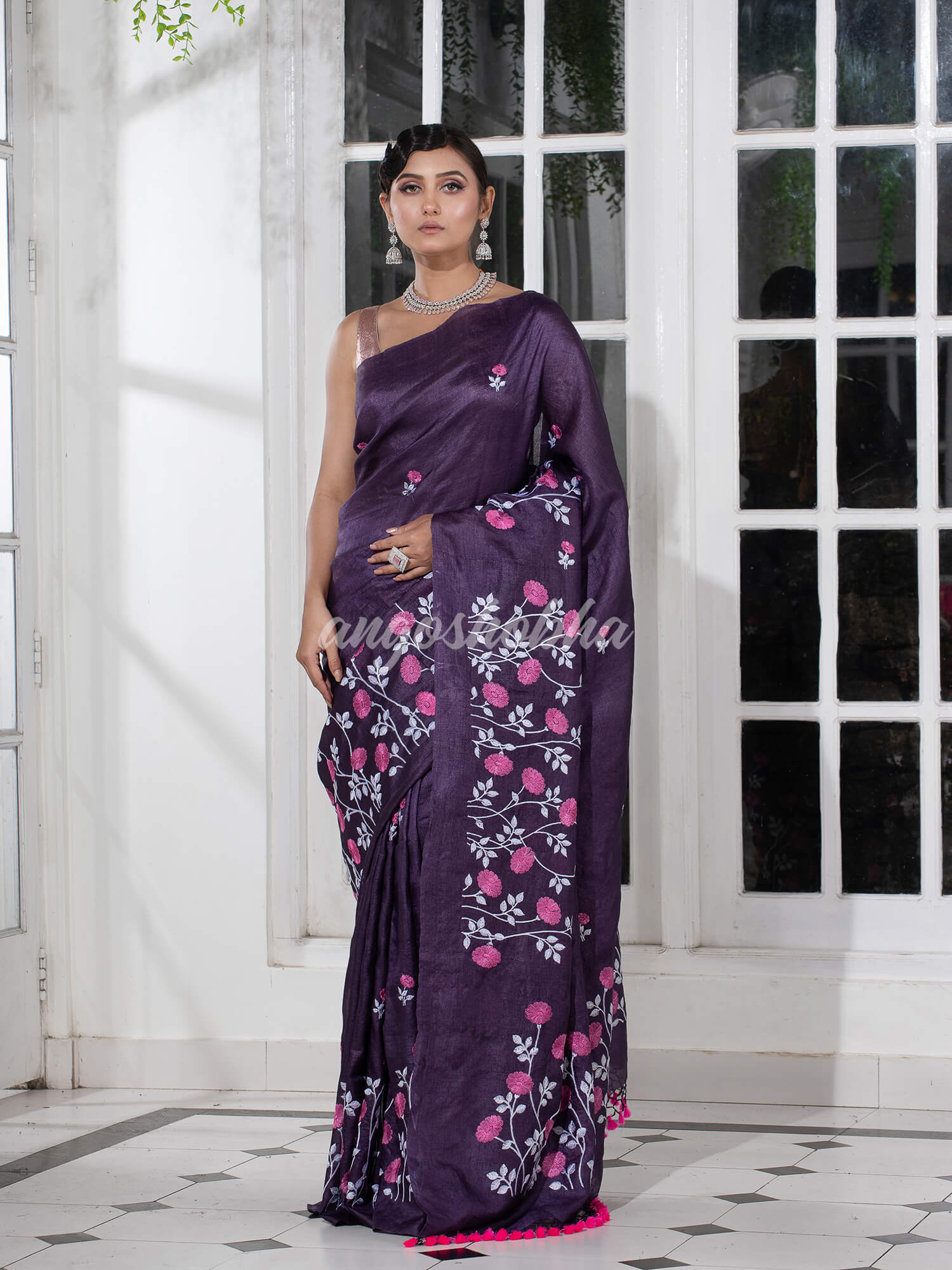 Dark Purple Tussar Silk Embroidery Handwoven Saree