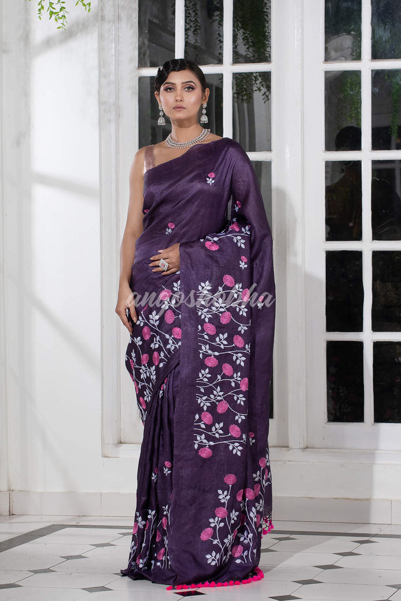 Dark Purple Tussar Silk Embroidery Handwoven Saree