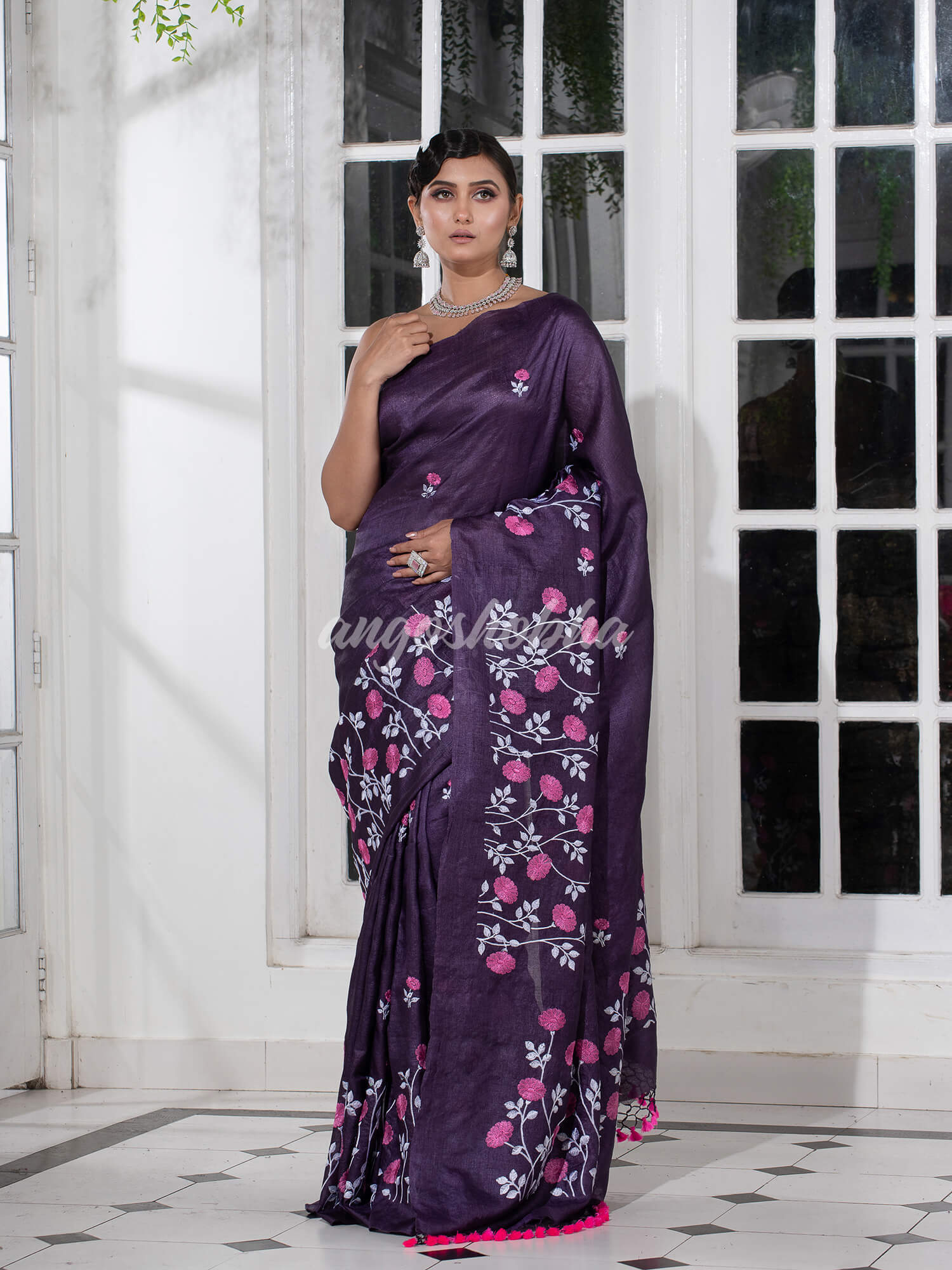 Dark Purple Tussar Silk Embroidery Handwoven Saree