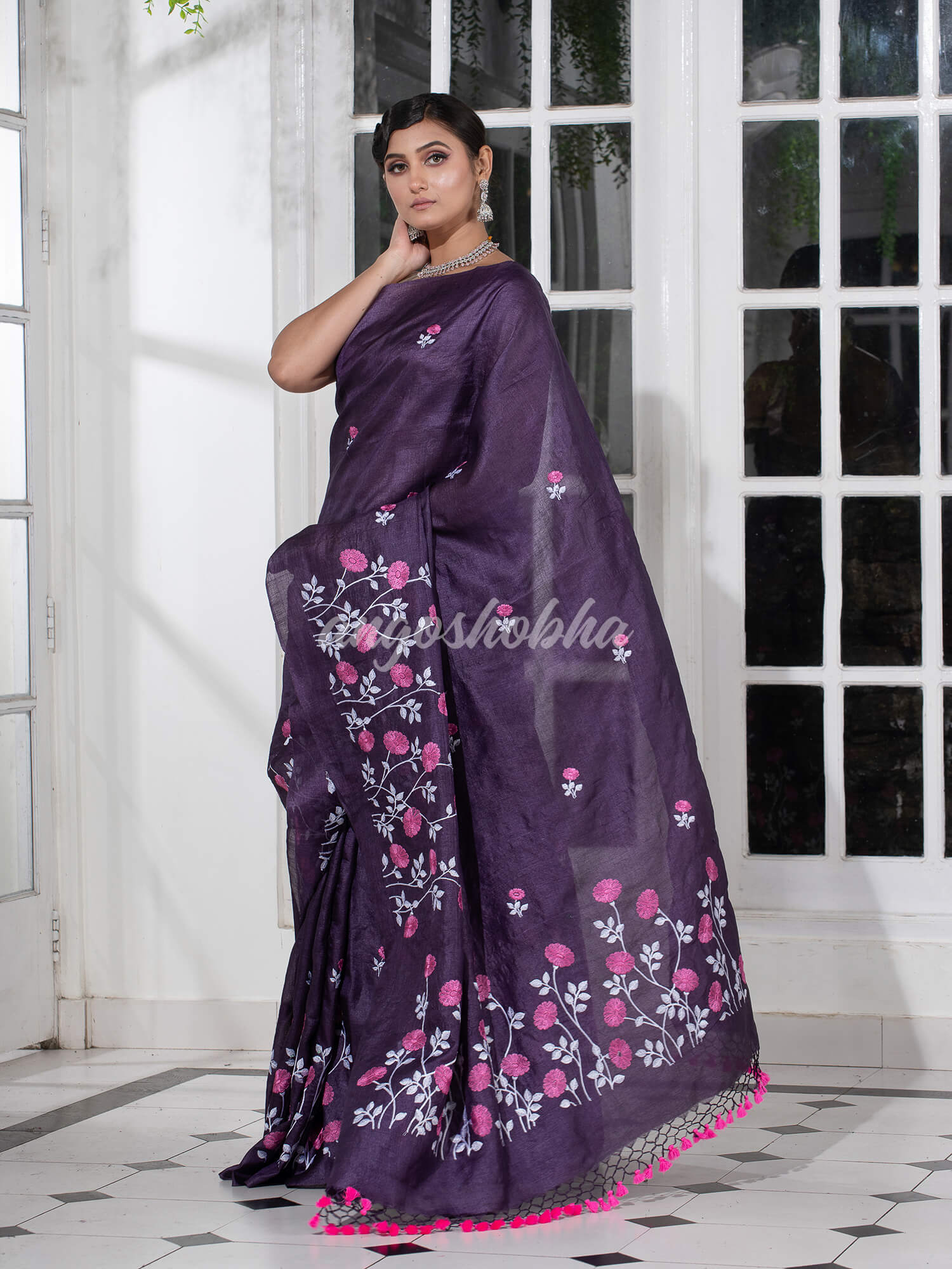 Dark Purple Tussar Silk Embroidery Handwoven Saree