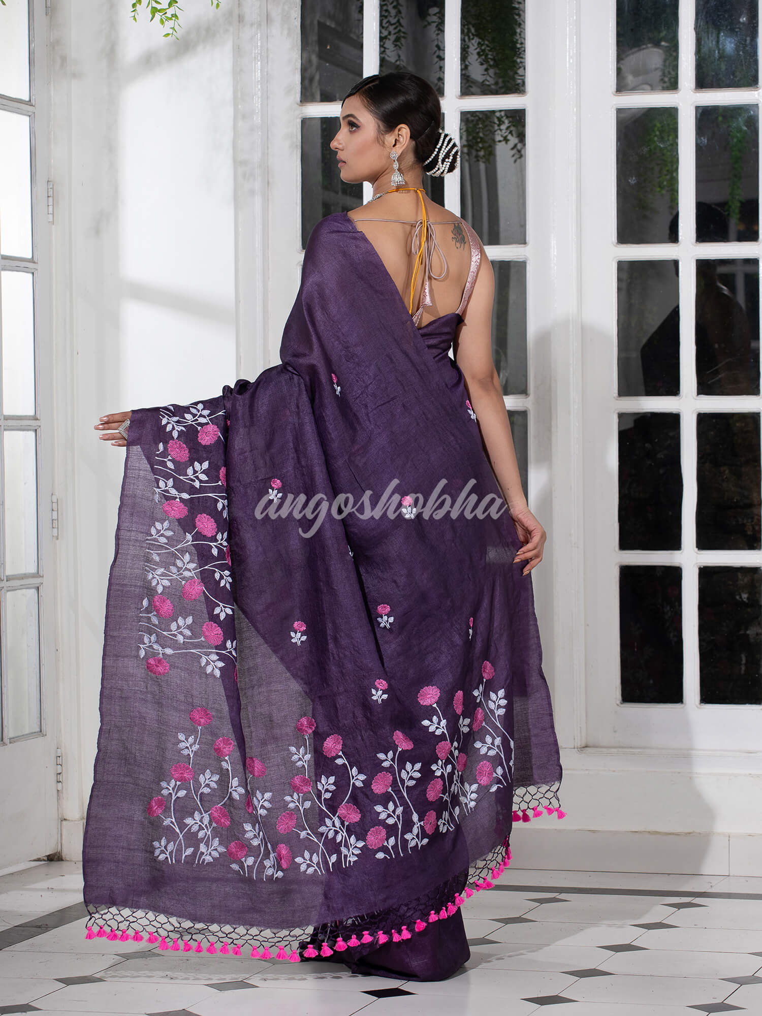 Dark Purple Tussar Silk Embroidery Handwoven Saree