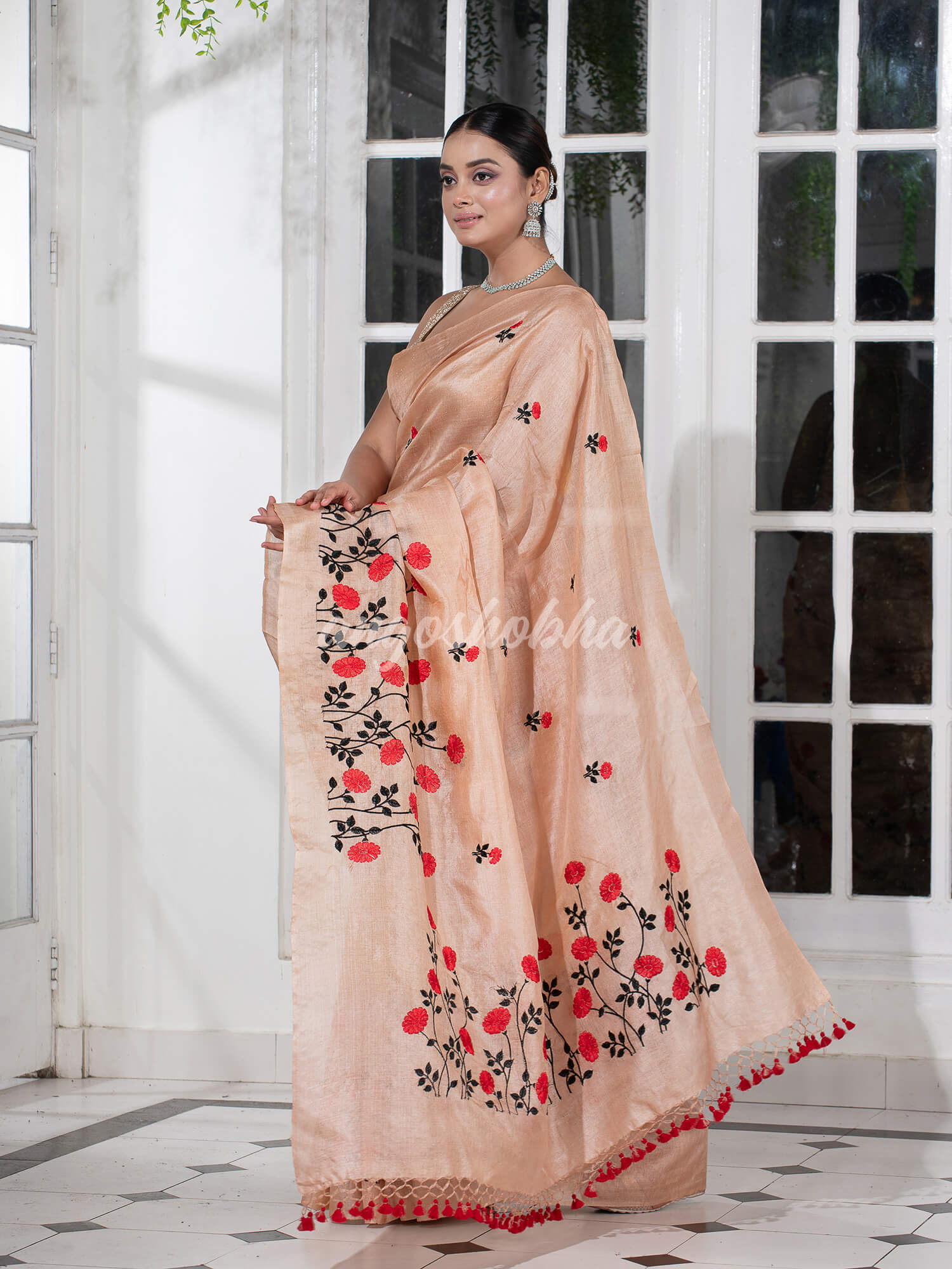 Blushing Peach Tussar Silk Embroidery Handwoven Saree