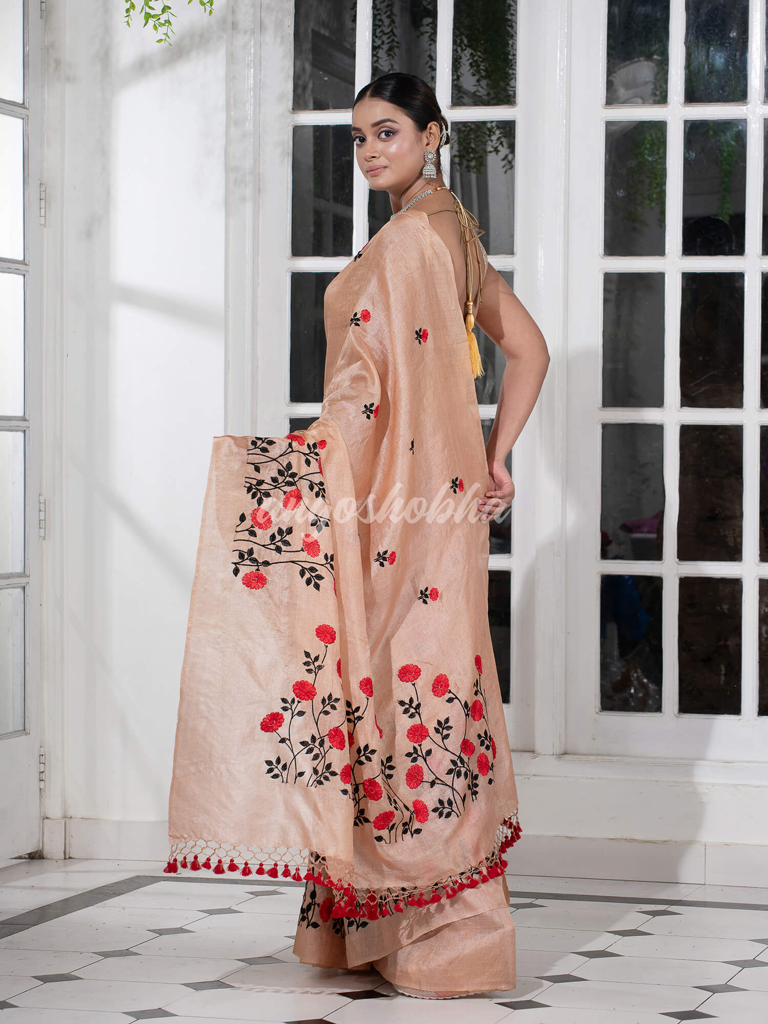 Blushing Peach Tussar Silk Embroidery Handwoven Saree