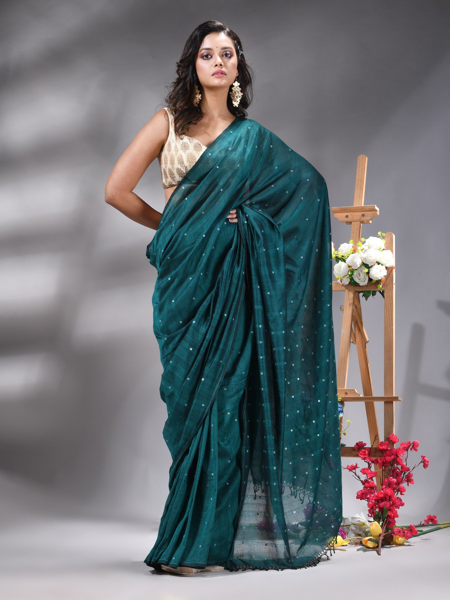 Deep Teal Handloom Cotton Saree