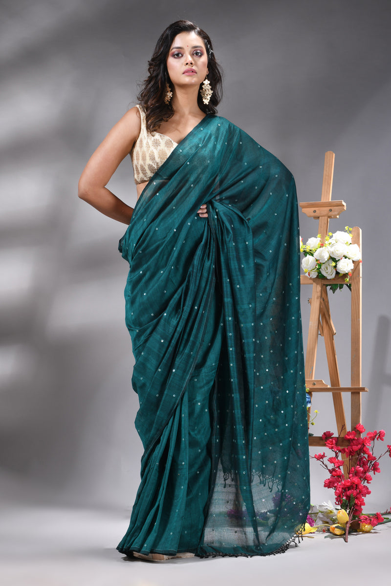 Deep Teal Handloom Cotton Saree