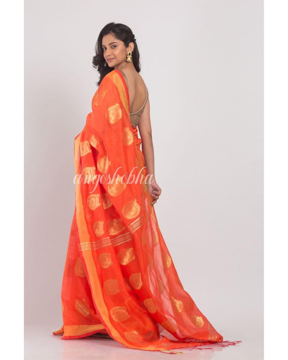 All Over Jacquard Jori Work Orange Handloom Saree angoshobha