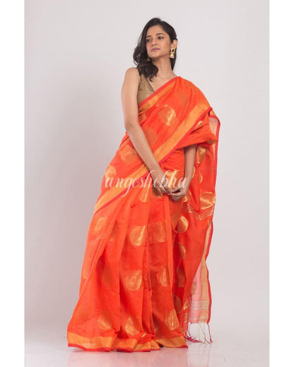 All Over Jacquard Jori Work Orange Handloom Saree angoshobha