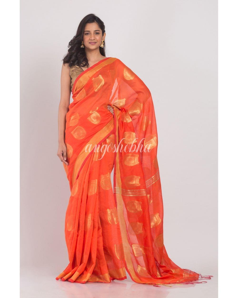 All Over Jacquard Jori Work Orange Handloom Saree angoshobha