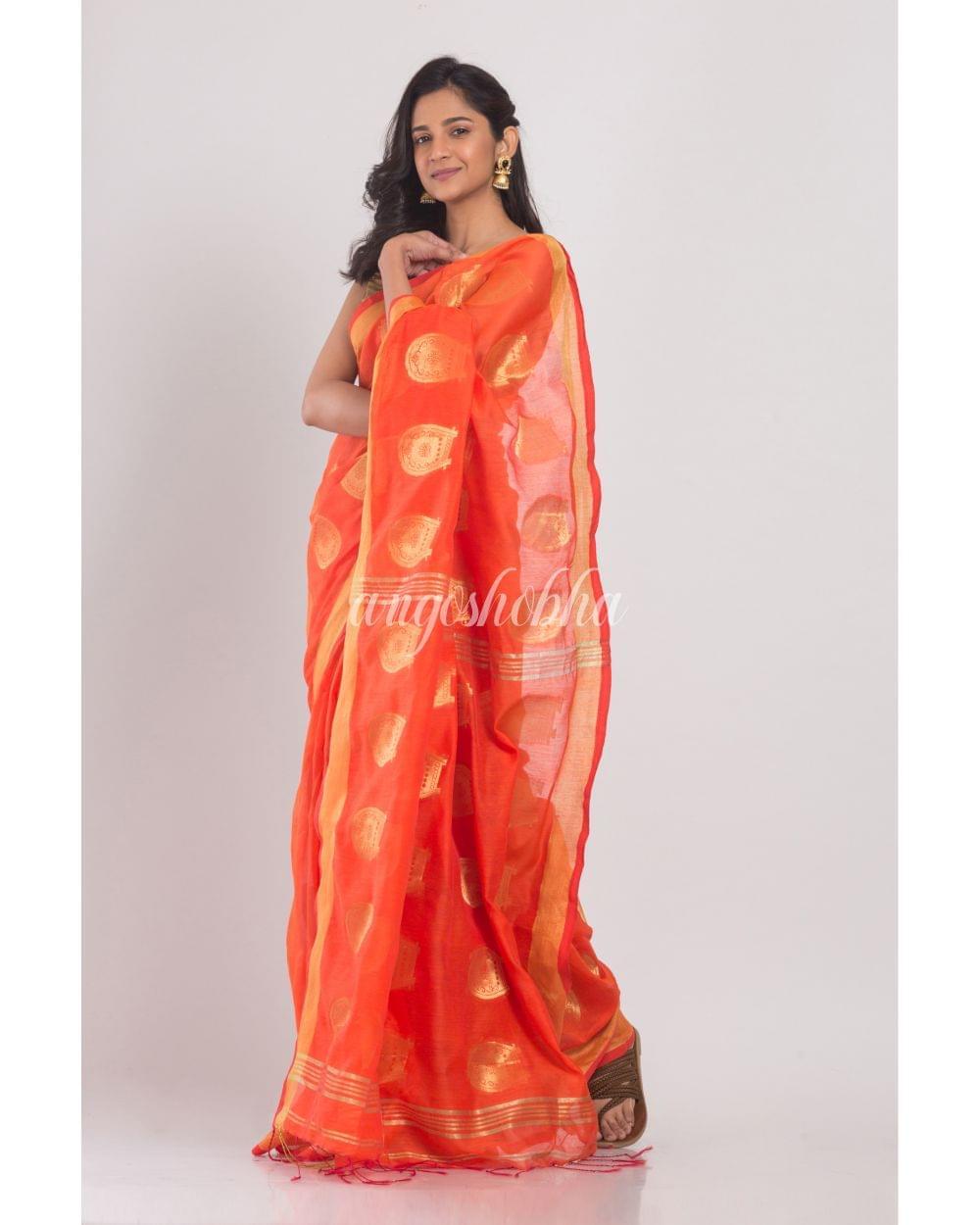 All Over Jacquard Jori Work Orange Handloom Saree angoshobha