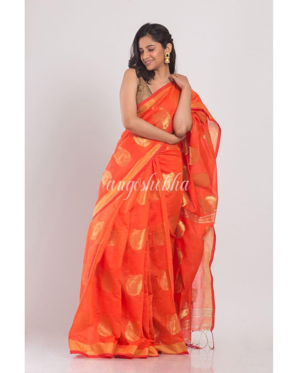 All Over Jacquard Jori Work Orange Handloom Saree angoshobha