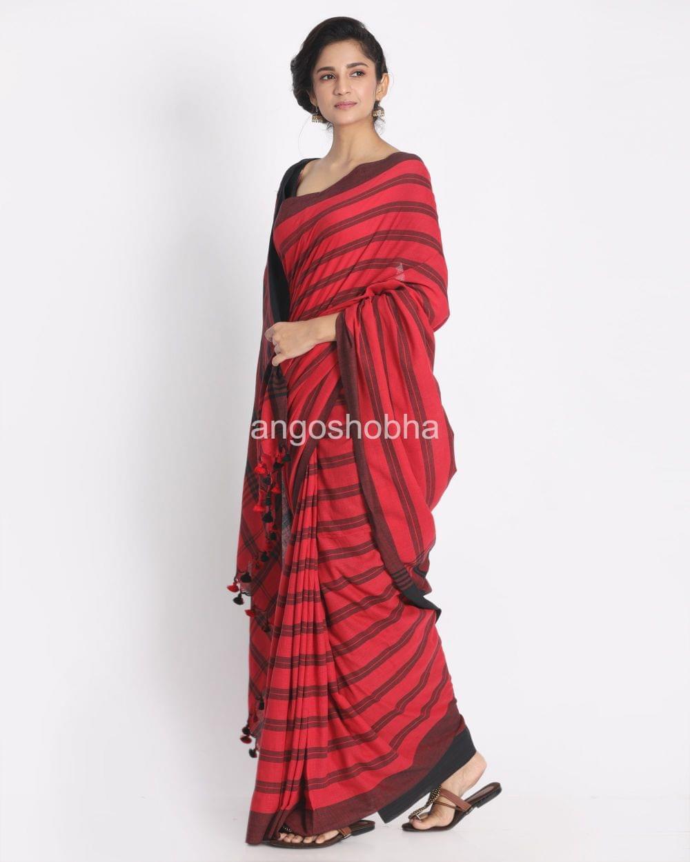 All Over Jacquard Work Maroon Black Check Cotton Saree angoshobha