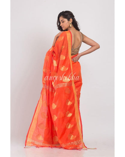 All Over Jacquard Zari Work Orange Handloom Saree angoshobha