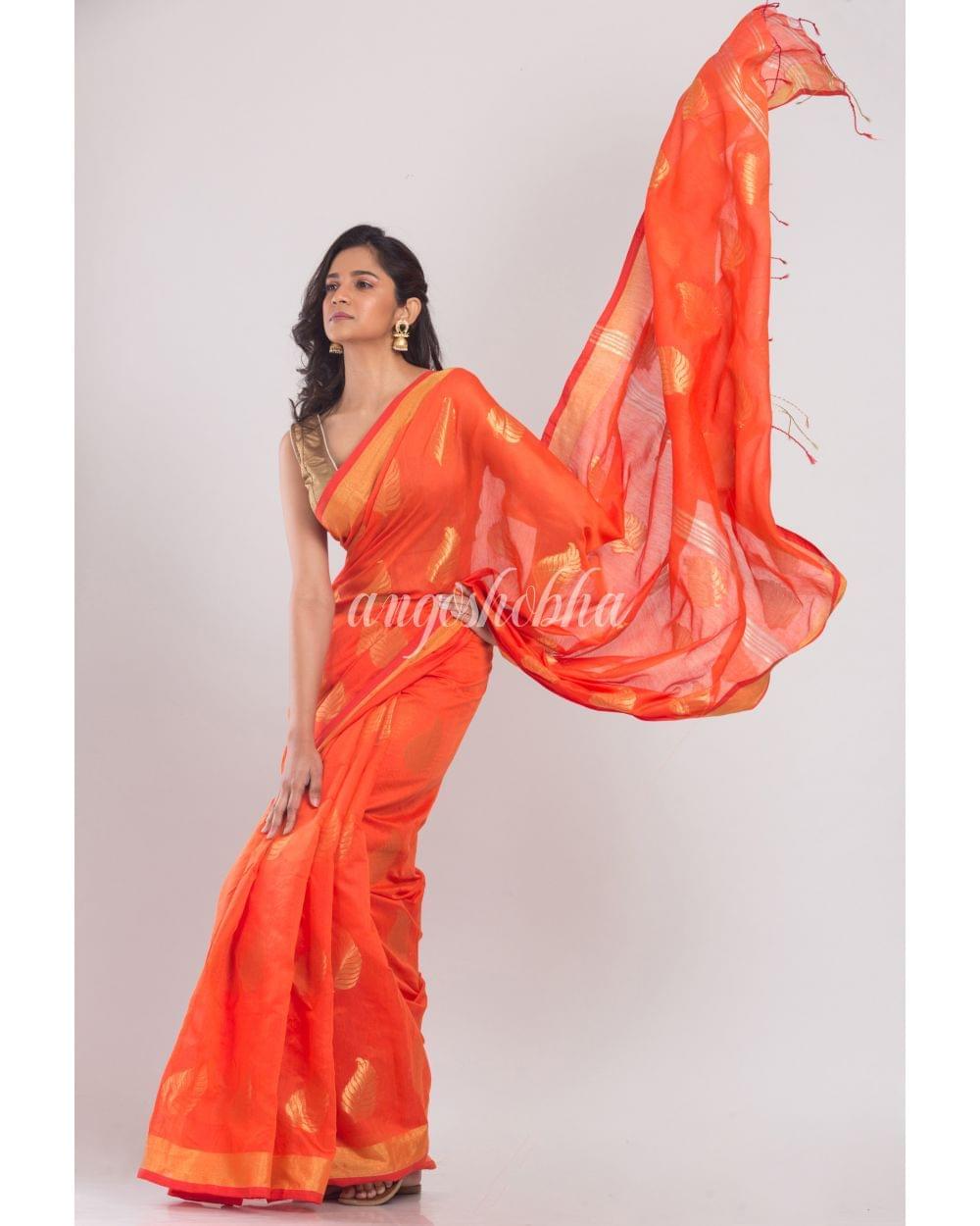 All Over Jacquard Zari Work Orange Handloom Saree angoshobha