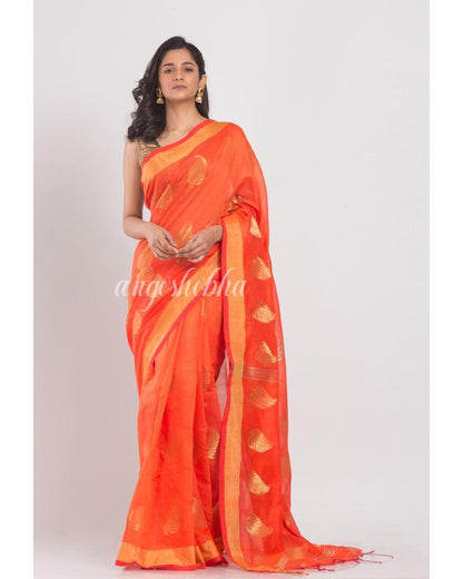 All Over Jacquard Zari Work Orange Handloom Saree angoshobha