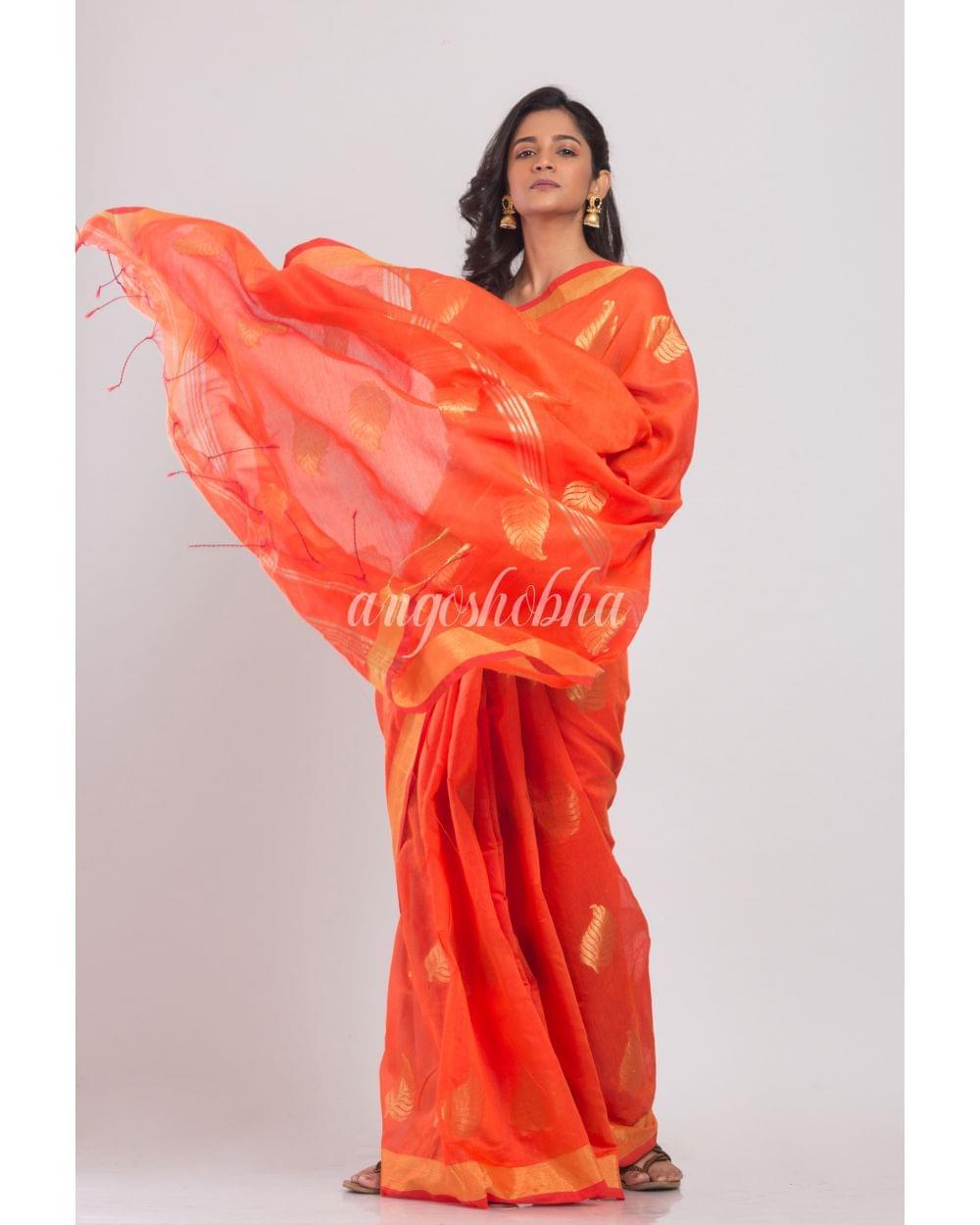 All Over Jacquard Zari Work Orange Handloom Saree angoshobha