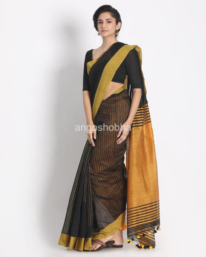 All Over Kantha Work Black Handloom Cotton Silk Saree angoshobha