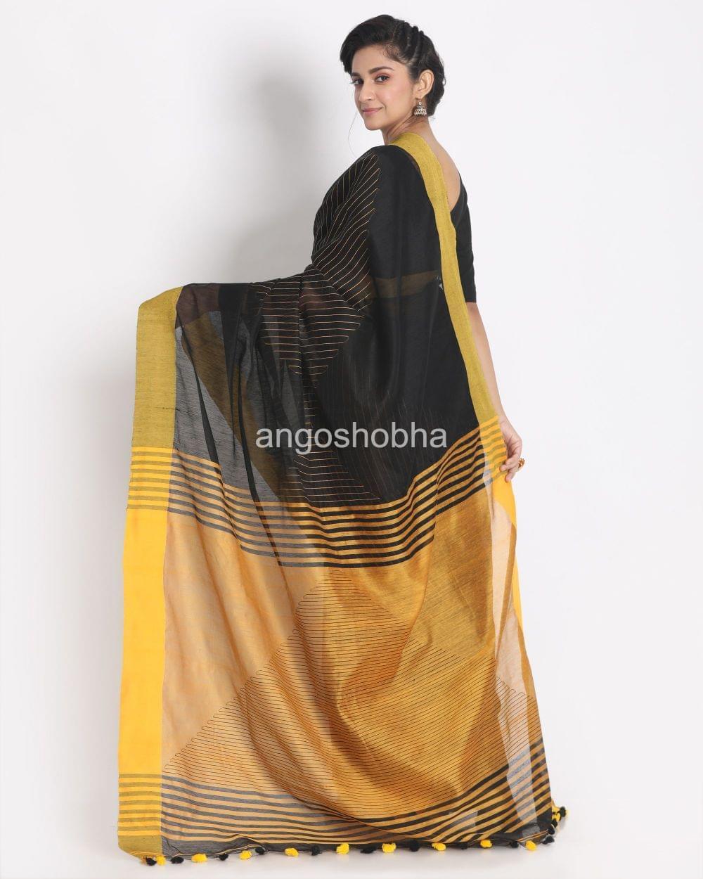 All Over Kantha Work Black Handloom Cotton Silk Saree angoshobha