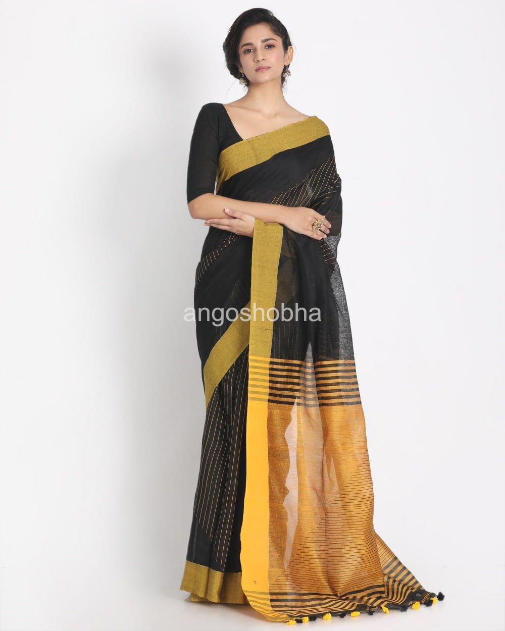 All Over Kantha Work Black Handloom Cotton Silk Saree angoshobha