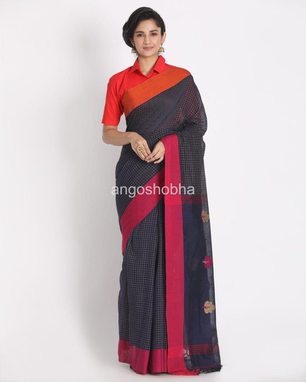 All Over Kantha Work Navy Blue Handloom Saree angoshobha