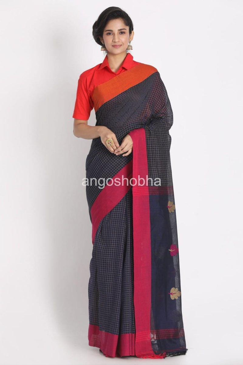 All Over Kantha Work Navy Blue Handloom Saree