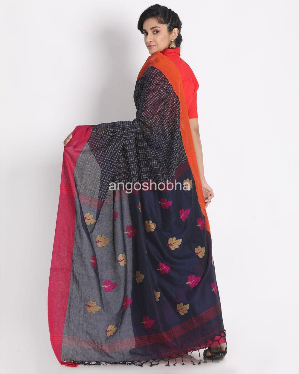All Over Kantha Work Navy Blue Handloom Saree angoshobha