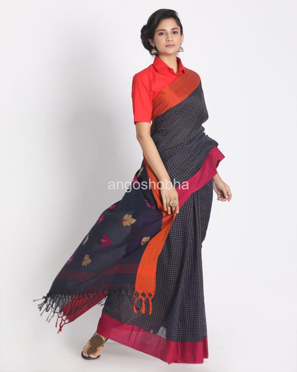 All Over Kantha Work Navy Blue Handloom Saree angoshobha