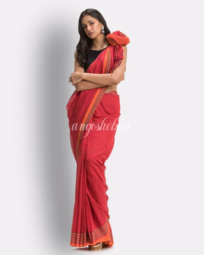 Angoshobha Brick Red Striped Molmol Cotton Saree angoshobha