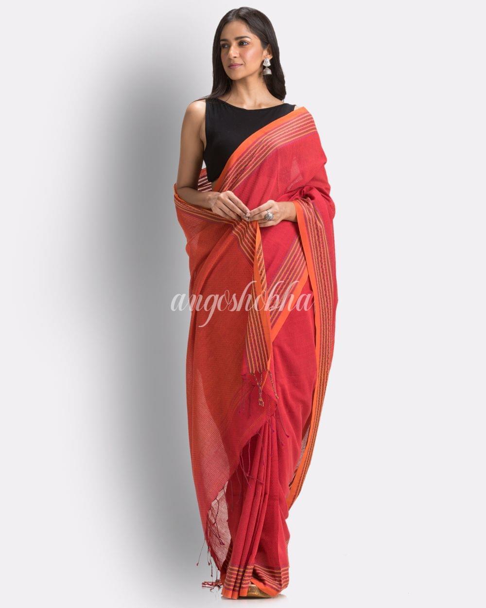 Angoshobha Brick Red Striped Molmol Cotton Saree angoshobha