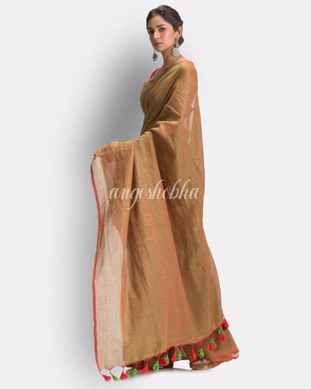 Angoshobha Citron Jori Striped Molmol Cotton Saree angoshobha