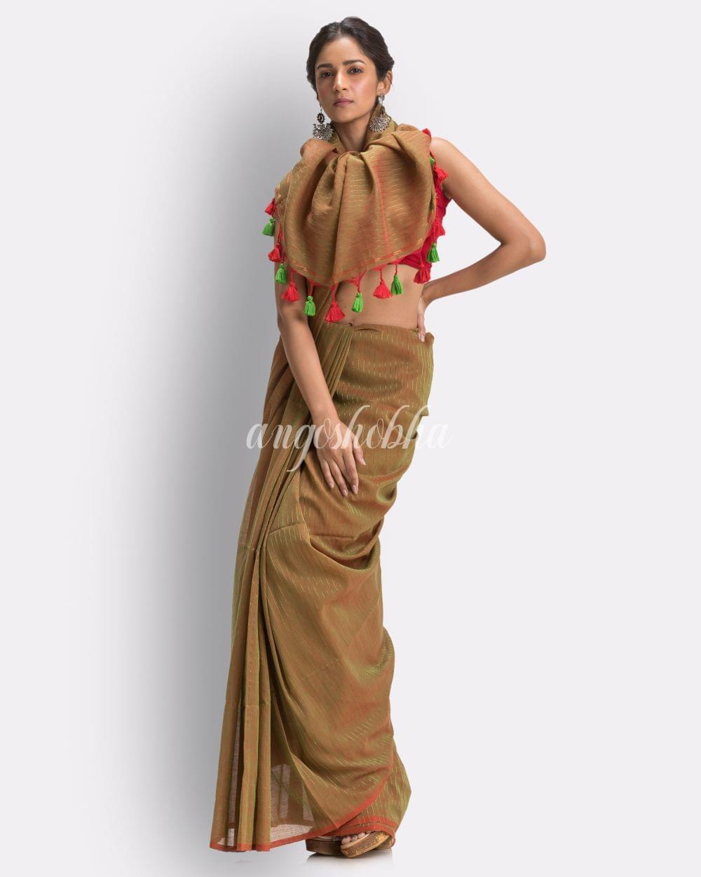 Angoshobha Citron Jori Striped Molmol Cotton Saree angoshobha