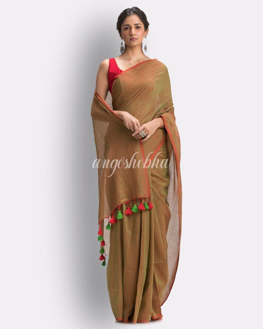 Angoshobha Citron Jori Striped Molmol Cotton Saree angoshobha