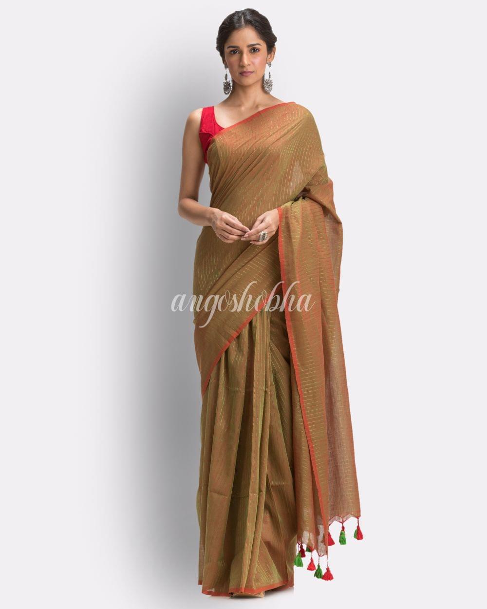 Angoshobha Citron Jori Striped Molmol Cotton Saree angoshobha