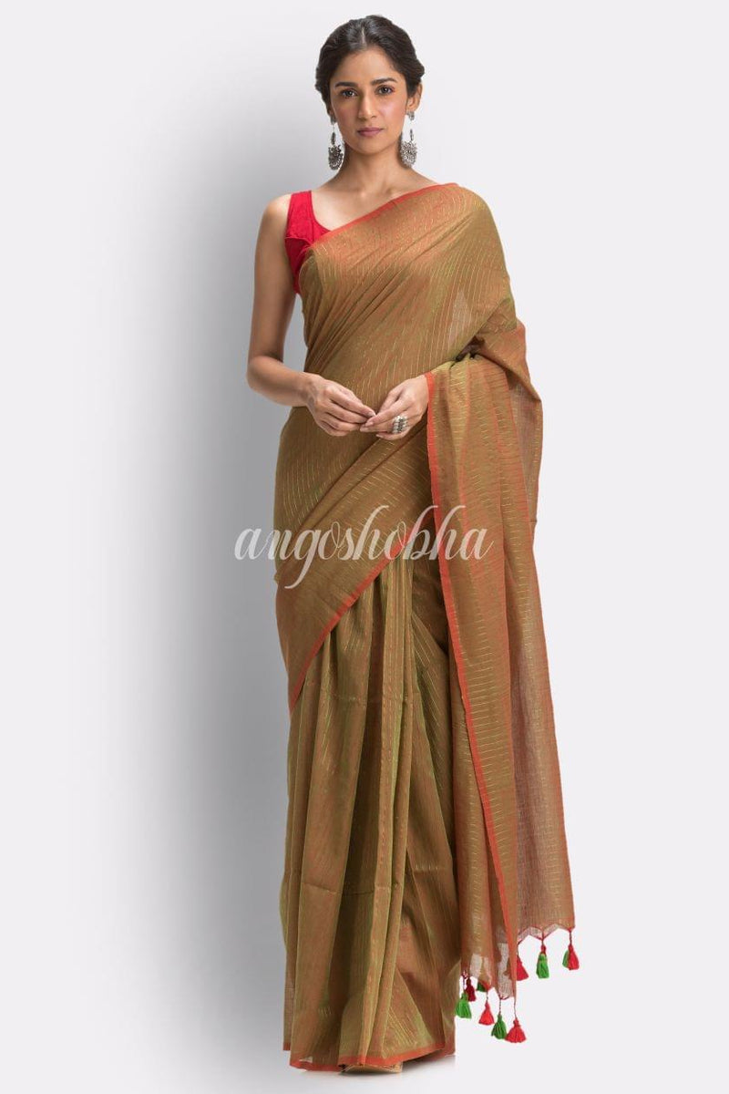 Angoshobha Citron Jori Striped Molmol Cotton Saree