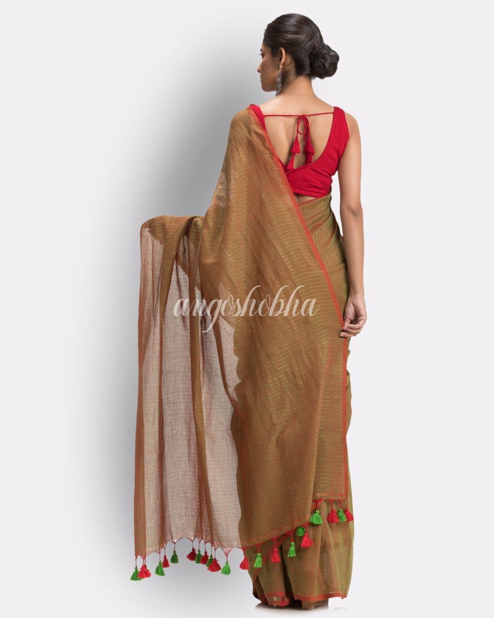 Angoshobha Citron Jori Striped Molmol Cotton Saree angoshobha
