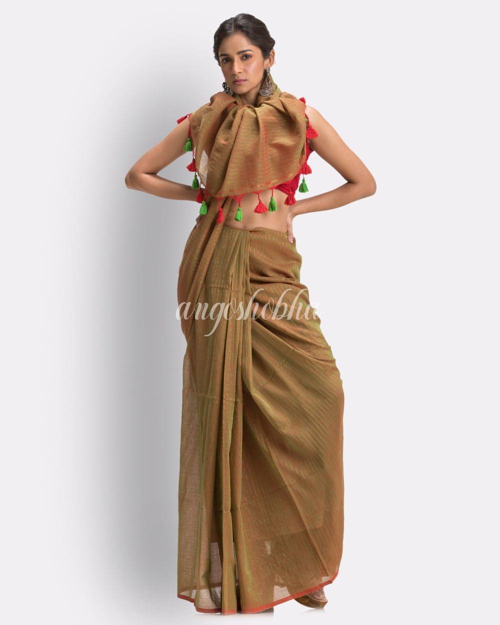 Angoshobha Citron Jori Striped Molmol Cotton Saree angoshobha