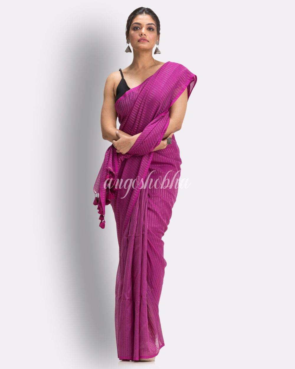 Angoshobha Purple Striped Molmol Cotton Saree angoshobha