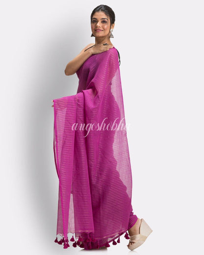 Angoshobha Purple Striped Molmol Cotton Saree angoshobha