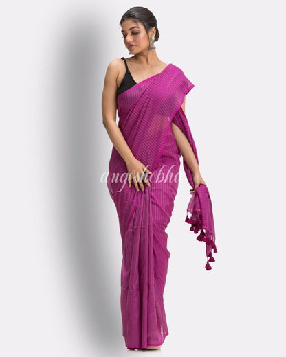 Angoshobha Purple Striped Molmol Cotton Saree angoshobha