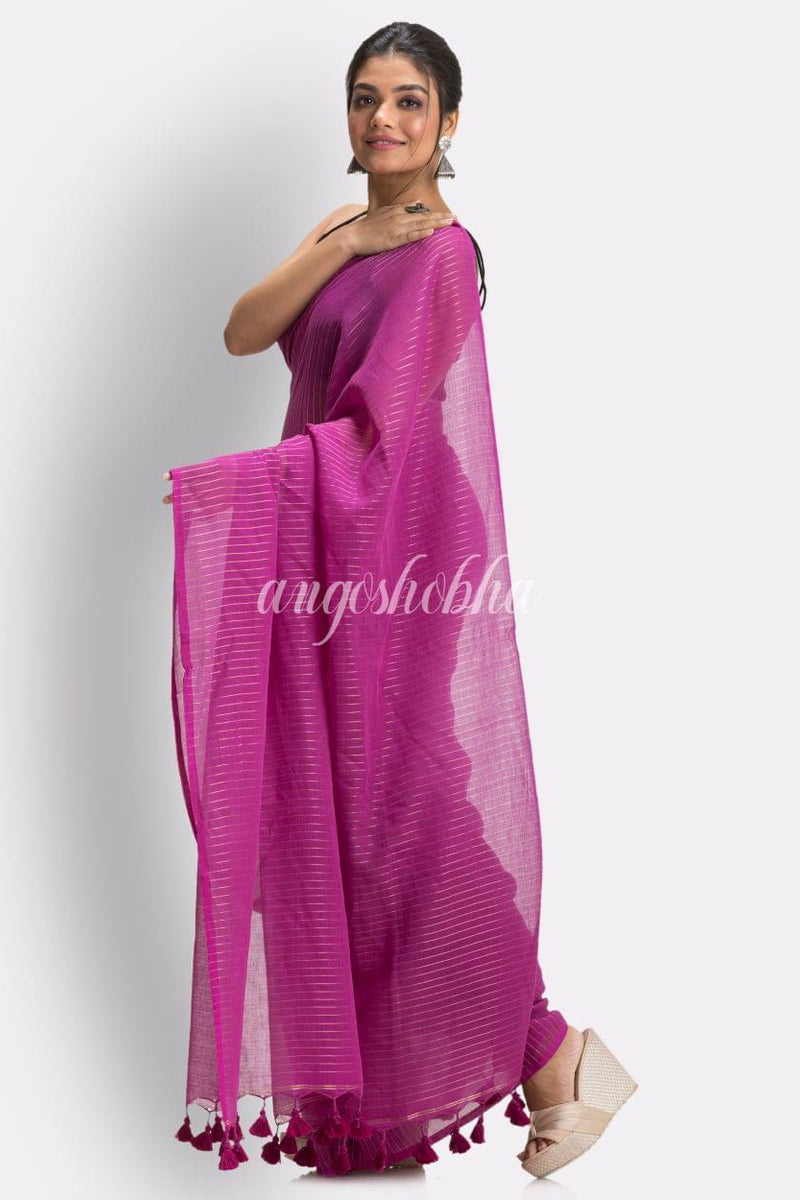 Angoshobha Purple Striped Molmol Cotton Saree