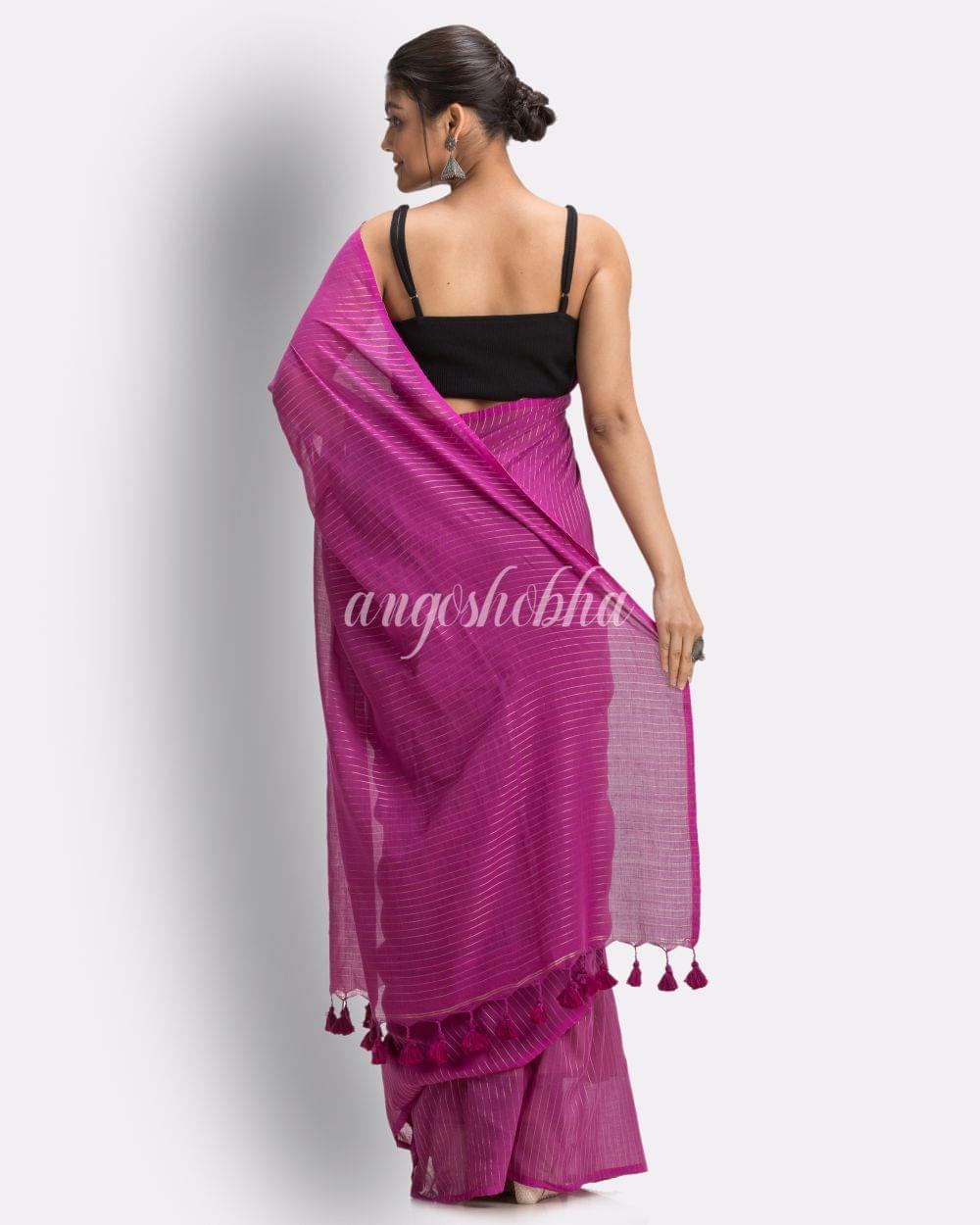 Angoshobha Purple Striped Molmol Cotton Saree angoshobha