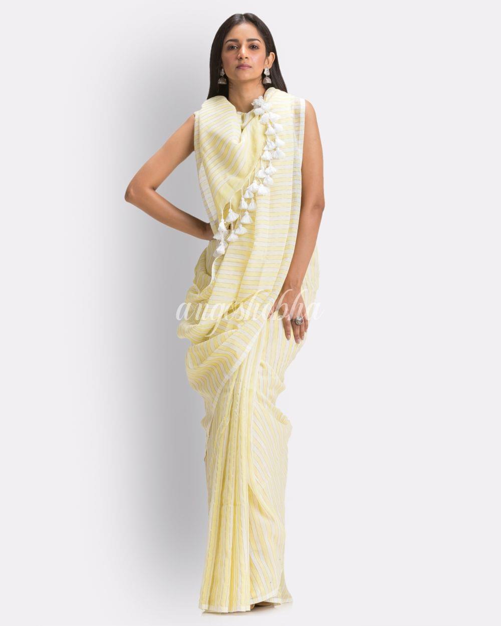 Angoshobha White Light Yellow Striped Molmol Cotton Saree angoshobha