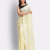 Angoshobha White Light Yellow Striped Molmol Cotton Saree angoshobha