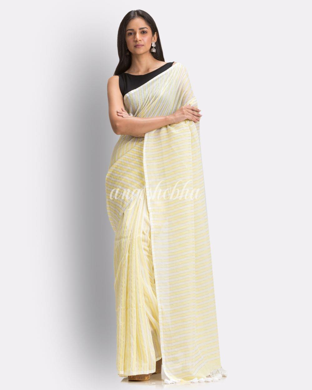 Angoshobha White Light Yellow Striped Molmol Cotton Saree angoshobha