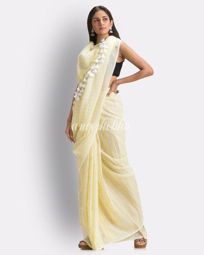 Angoshobha White Light Yellow Striped Molmol Cotton Saree angoshobha