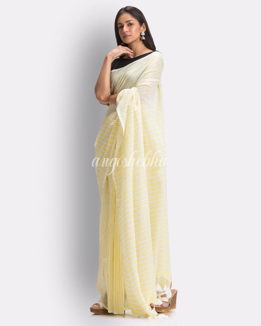 Angoshobha White Light Yellow Striped Molmol Cotton Saree angoshobha